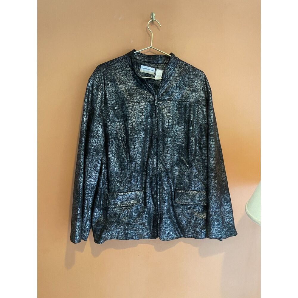 Women 22W Black Metallic Faux Croc Jacket Zip Front Plus Size Alfred Dunner